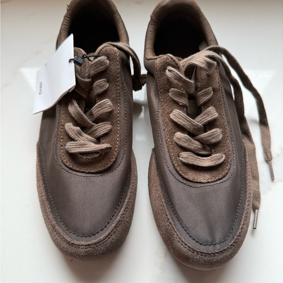 Mango Shoes - Mango Mixed Media Sneaker Brown Suede & Fabric Lace-Up new with tag